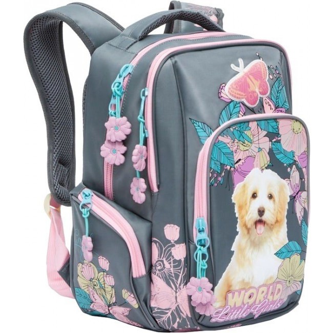 Рюкзак для девочки с бабочками Grizzly RG-760-1 Собака Серый - Розовый - фото №2