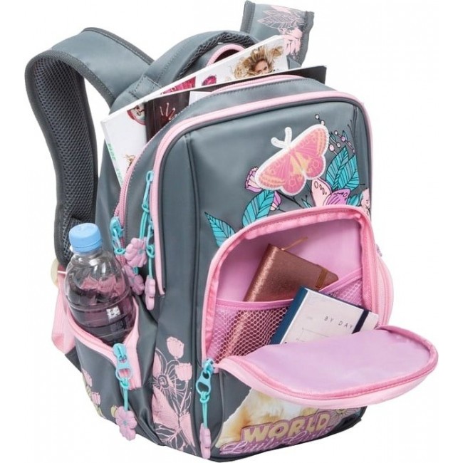 Рюкзак для девочки с бабочками Grizzly RG-760-1 Собака Серый - Розовый - фото №4