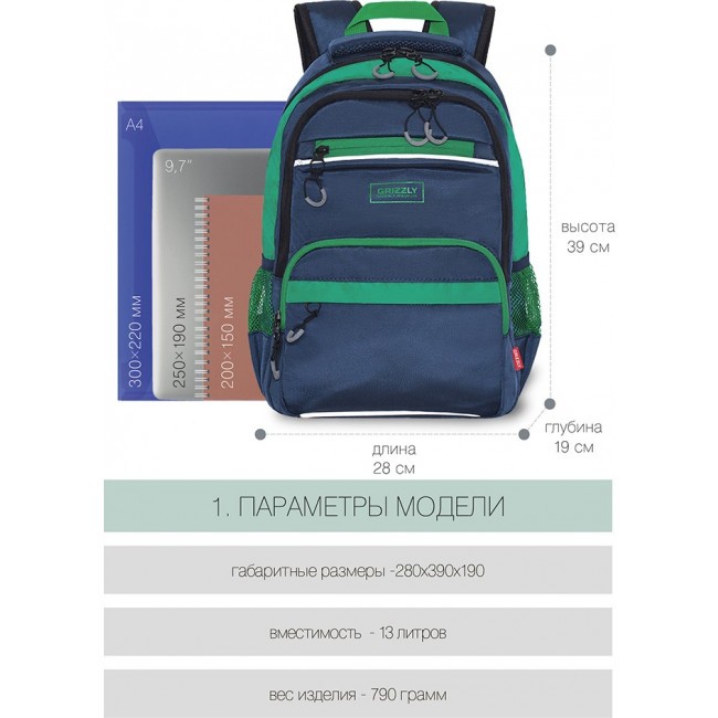 Рюкзак школьный Grizzly RB-054-5 синий-зеленый - фото №6