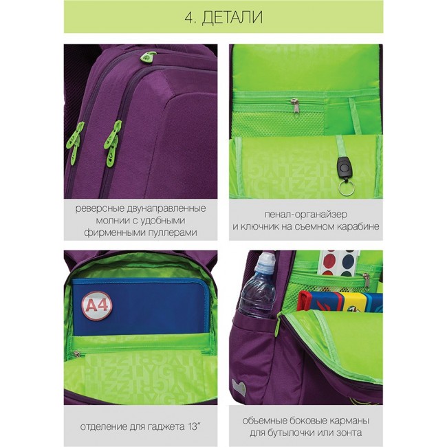 Школьный рюкзак Grizzly RG-166-3 фиолетовый - фото №11