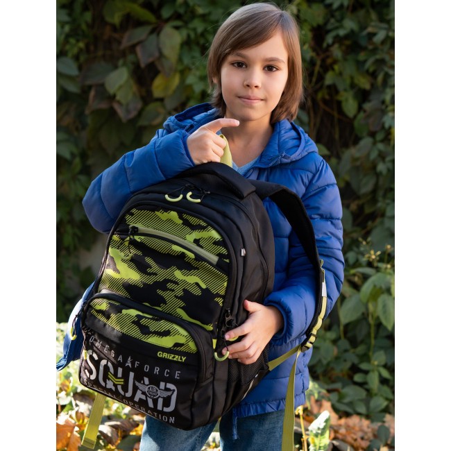 Рюкзак школьный Grizzly RB-254-3 черный-салатовый - фото №14