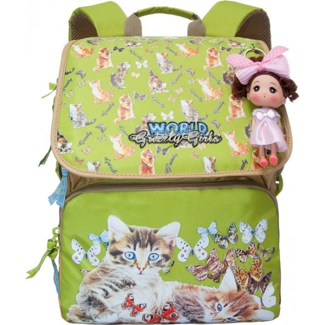 Ранец с кошкой для девочки Grizzly RA-672-2 Салатовый (котята и бабочки) - фото №1